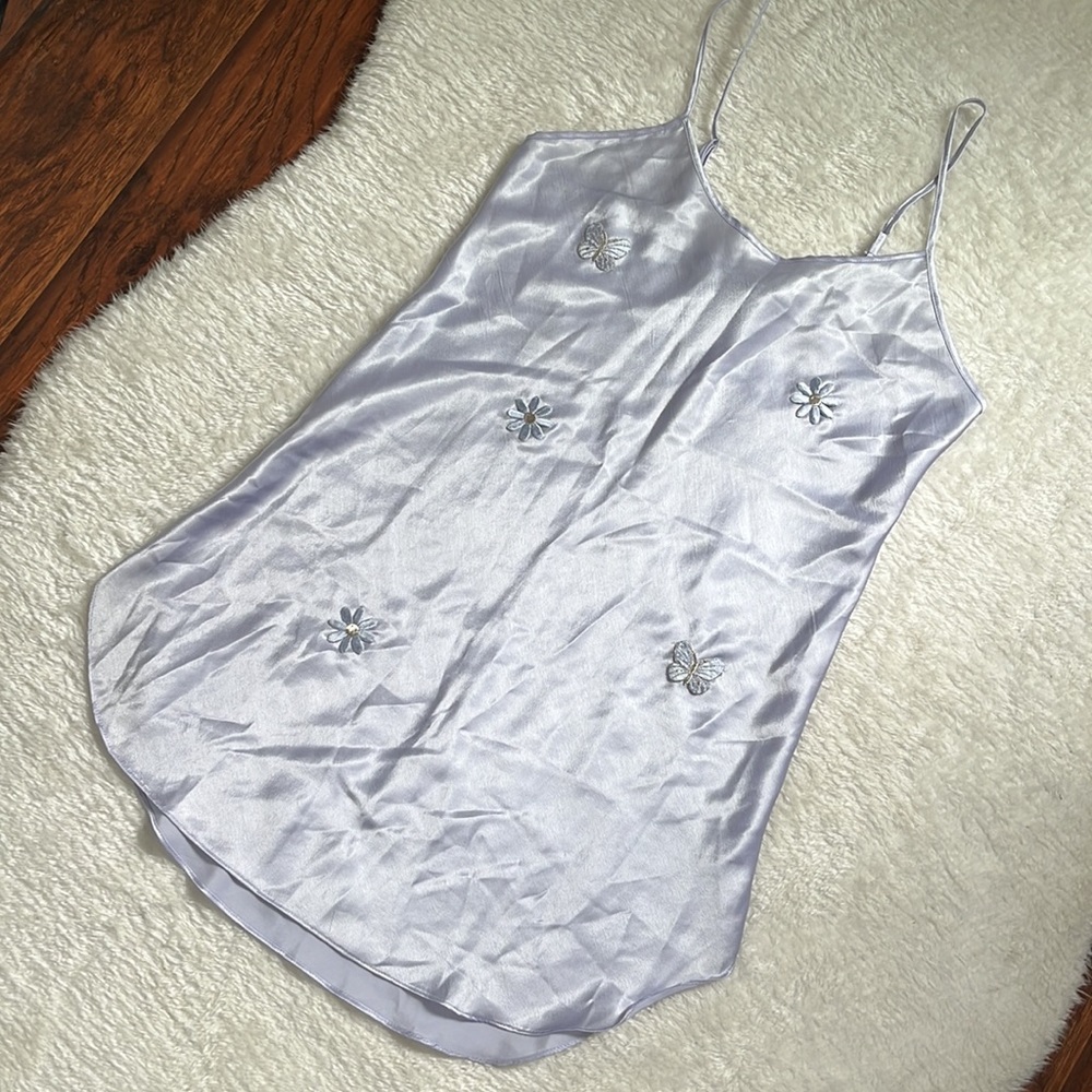 Vintage Lavender Embroidered Floral Butterfly Satin Nightgown